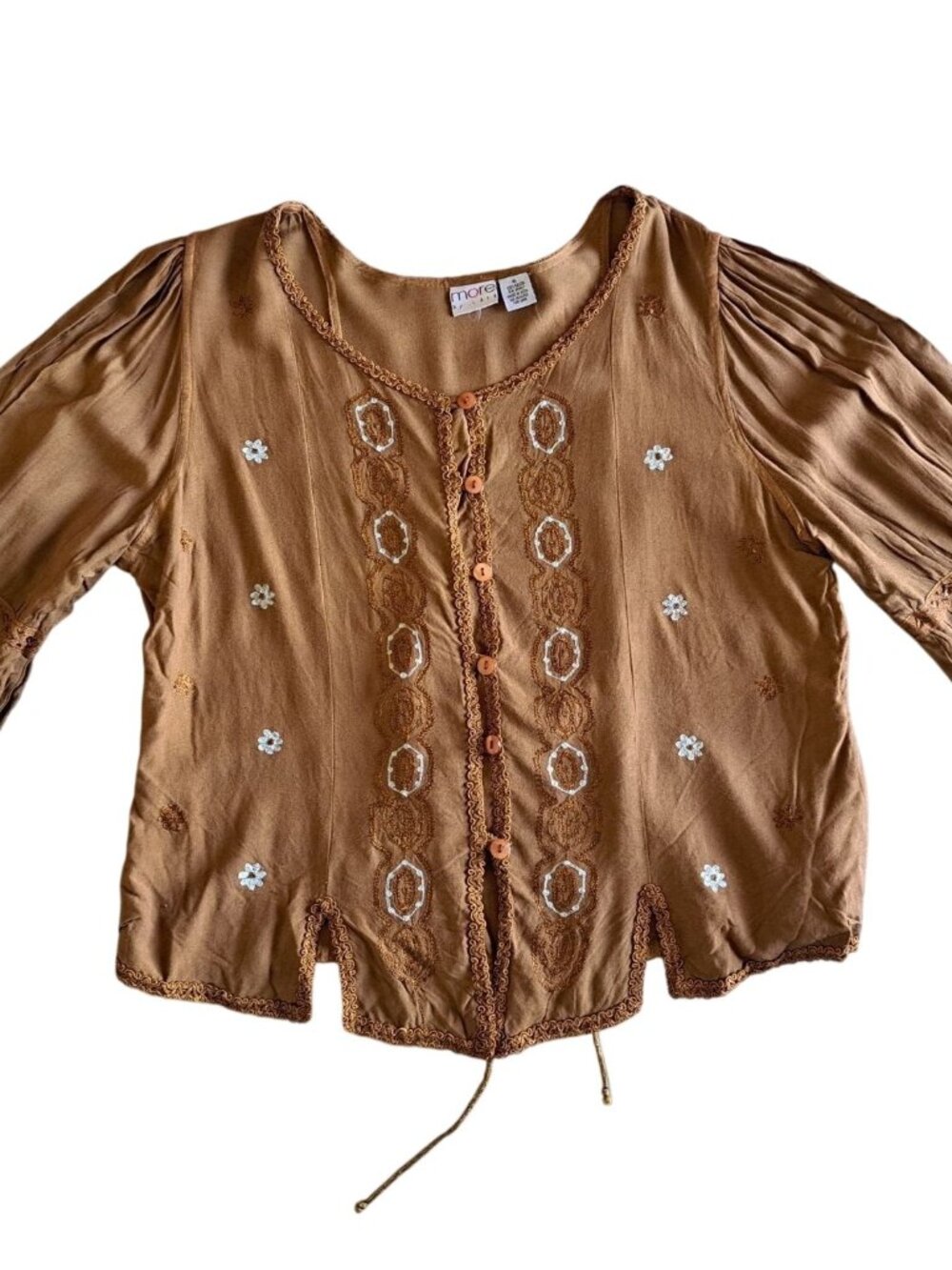 Embroidered Boho Renaissance  Fair Blouse Top XL Rayon Buttons Brown Festival